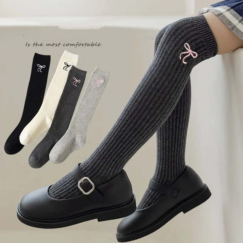 Baby Sock Oximeter - ベビー子供用韓国風ニーハイロングソックス 女の子用 可愛い白いリボン ジャカード織り コットンレギンス ストッキング