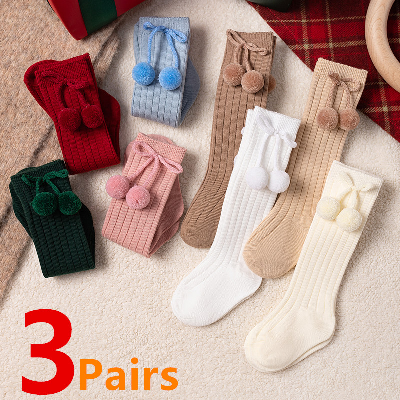 Baby Sock Oximeter - 3 ペア/ロットベビーボールニーハイソックスソフトコットンキッズガールズかわいいストライプ固体靴下スペイン子供ロング Socken のための 0-8 年