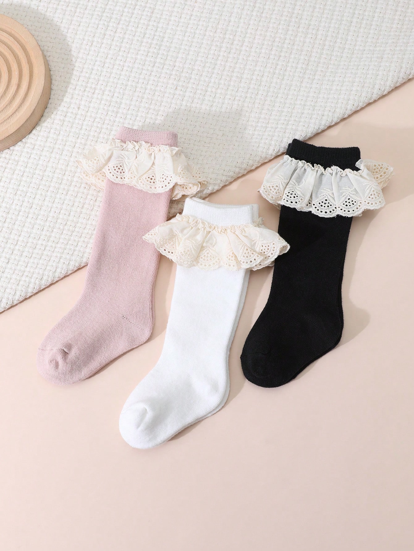 Baby Sock Oximeter - 3 ペア幼児女の子用レースフリルニーハイソックス 0-3Y 97% ビスコース 3%