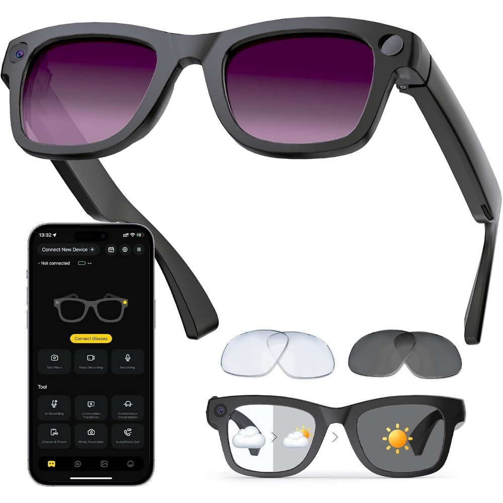 Smart Glasses Lens - AI翻訳、Bluetooth通話、8時間音楽再生スマートグラス、カメラ付きパープルレンズ、オーディオ機能