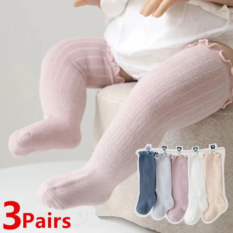 3 ペア/ロット女の赤ちゃん靴下レースフリル固体綿ロングニー - Baby Sock Oximeter のレビューと価格